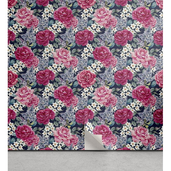 Ambesonne Vintage Peel & Stick Wallpaper for Home, Roses Watercolor Retro Art, 13"x36", Raspberry Laurel Green