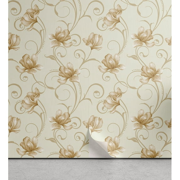 Ambesonne, Vintage Peel & Stick Wallpaper for Home, Simple Modern Garden Floral, 13"x100", Pale Khaki Pastel Brown