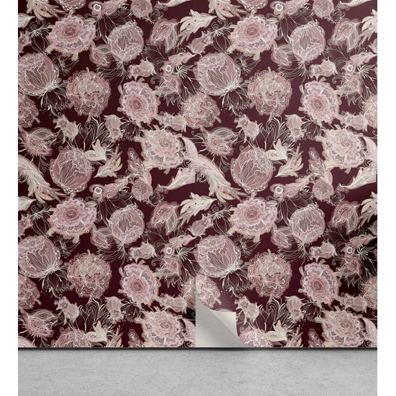 Ambesonne Vintage Peel & Stick Wallpaper for Home, Sketch Watercolor Flowers, 13"x36", Dark Mauve and Soft Pink