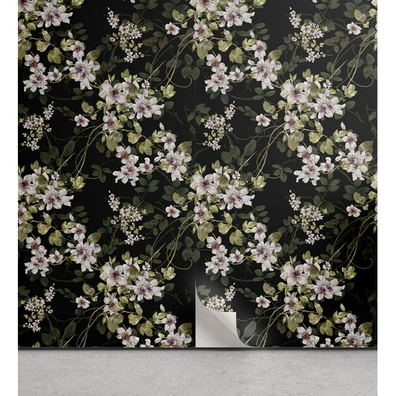 Ambesonne Vintage Peel & Stick Wallpaper for Home, Spring Branches Motif Print, 13"x100", Charcoal Grey and Green