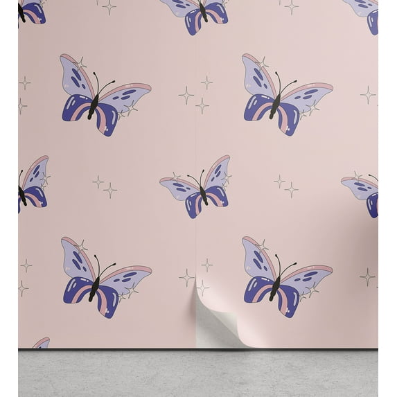 Ambesonne Vintage Peel & Stick Wallpaper for Home, Stars Butterflies Pattern, 13"x72", Blue Violet and Blush