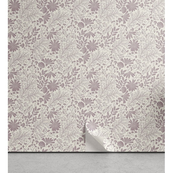 Ambesonne Vintage Peel & Stick Wallpaper for Home, Tender Wild Herbs Flowers, 13"x100", Grey Pink and Ivory