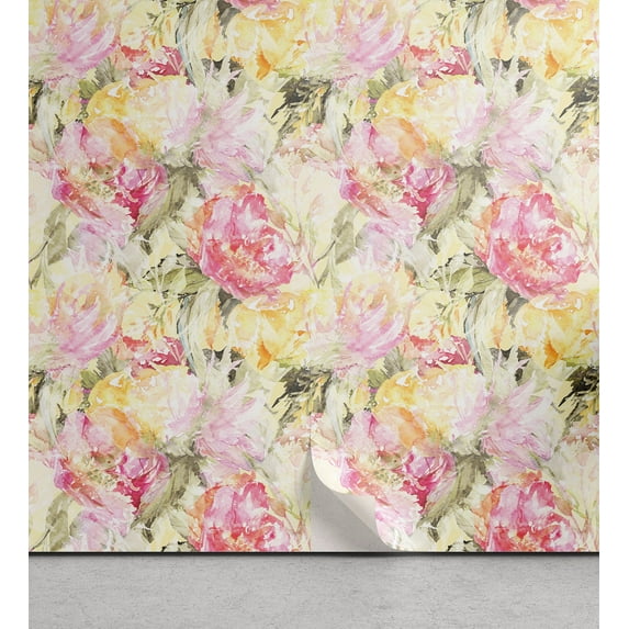 Ambesonne Vintage Peel & Stick Wallpaper for Home, Watercolor Roses Floral Art, 13"x72", Dark Coral and Pale Ruby