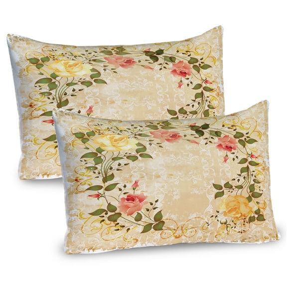 Ambesonne Vintage Pillow Sham 2 Pack, Leaves Roses Floral, 26"x20", Yellow Green Pink