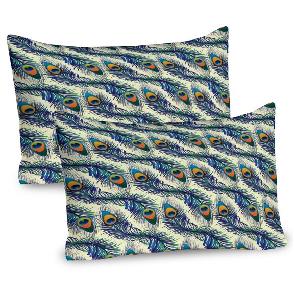 Ambesonne Vintage Pillow Sham 2 Pack, Ornamental Peacock Bird, 26"x20", Navy Blue Green Orange