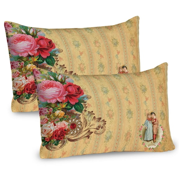 Ambesonne Vintage Pillow Sham 2 Pack, Romantic Country Roses, 30"x20", Sand Brown Pale Pink