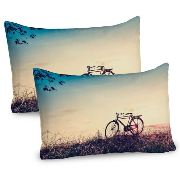 Ambesonne Vintage Pillow Sham 2 Pack, Sunset Bicycle Pastel, 26"x20", Pale Blue Black and Peach