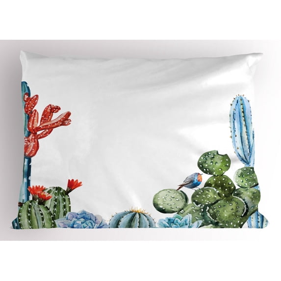 Ambesonne Vintage Pillow Sham, Cactus Flowers Birds, 26" X 20", Green and Blue