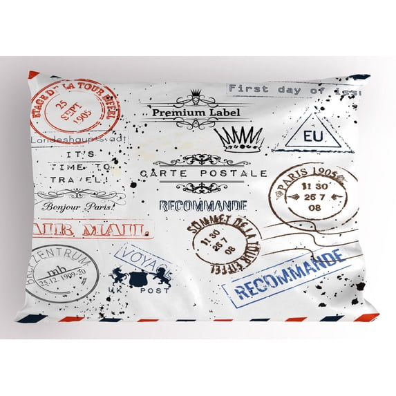Ambesonne Vintage Pillow Sham, Retro Post Stamp Design, 26" X 20", Multicolor