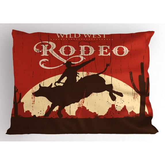 Ambesonne Vintage Pillow Sham, Rodeo Cowboy Rides Bull, 26" X 20", Orange Brown
