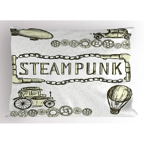 Ambesonne Vintage Pillow Sham, Sketch Old Car Balloon, 26" X 20", Ivory Dark Olive Green