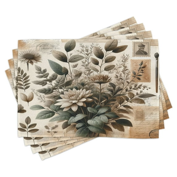 Ambesonne Vintage Place Mats Set of 4, Art Botany Nostalgia Leaves, Standard Size, Beige Laurel Green Taupe