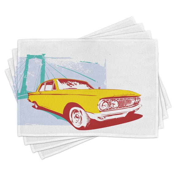 Ambesonne Vintage Place Mats Set of 4, Old Car Grunge Art, Standard Size, Yellow Turquoise