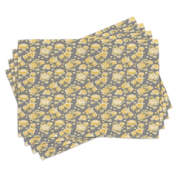 Ambesonne Vintage Place Mats Set of 4, Old Hydrangea Flowers, Standard Size, Yellow Grey Green