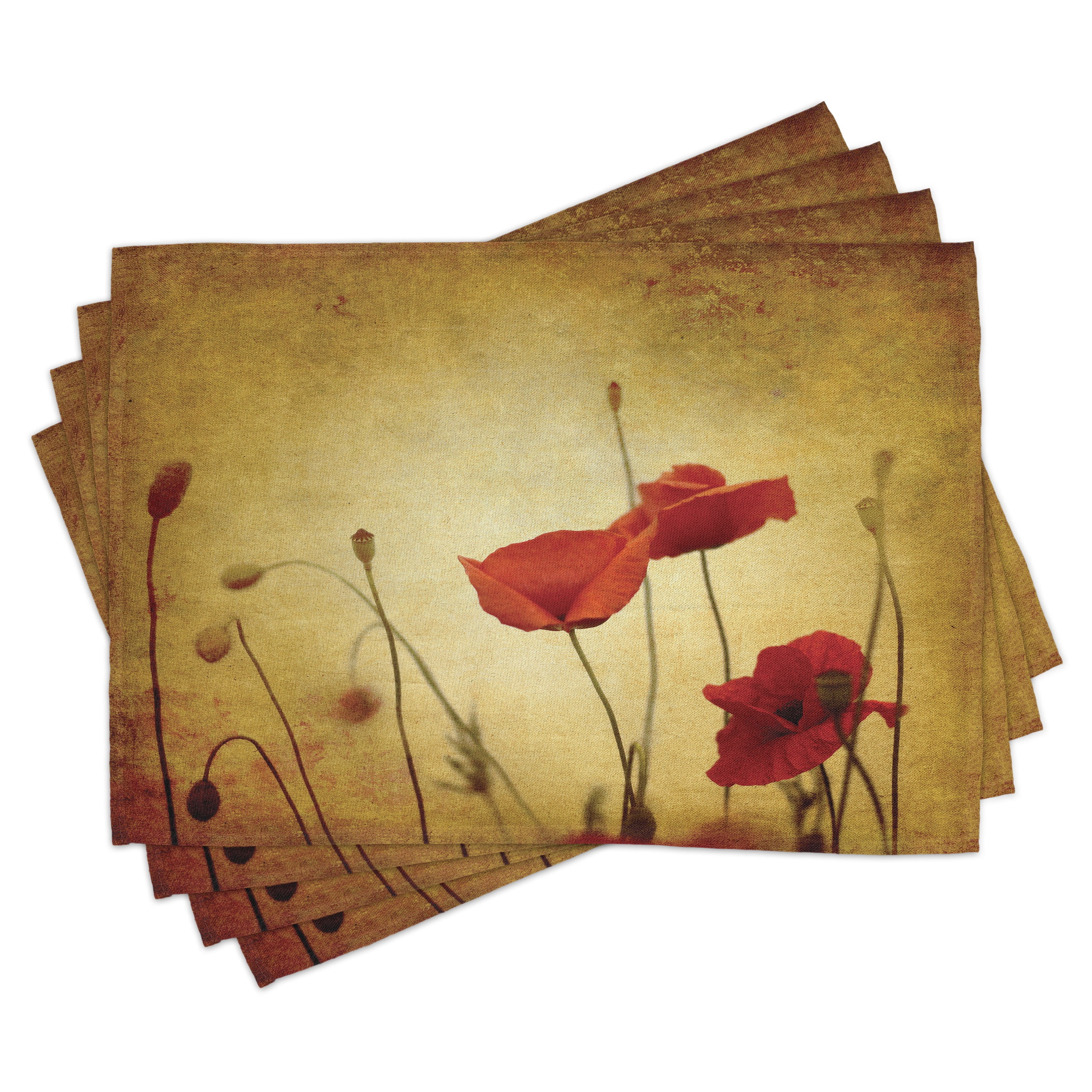 Vintage Poppy Flower Rectangular Fabric Placemats Set