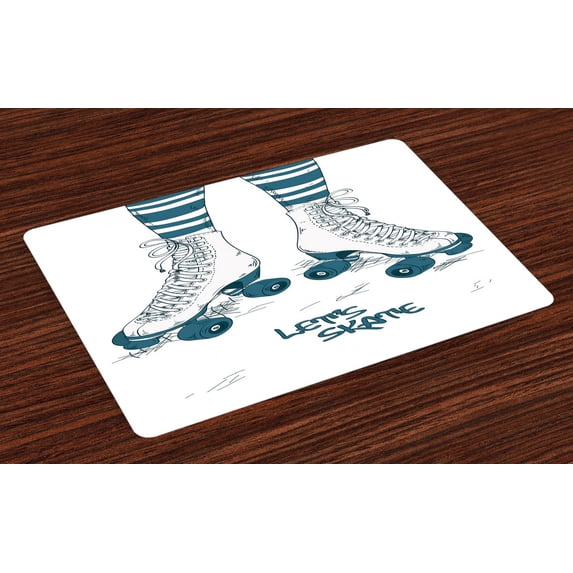 Ambesonne Vintage Place Mats Set of 4, Retro Roller Skates, Standard Size, Teal White