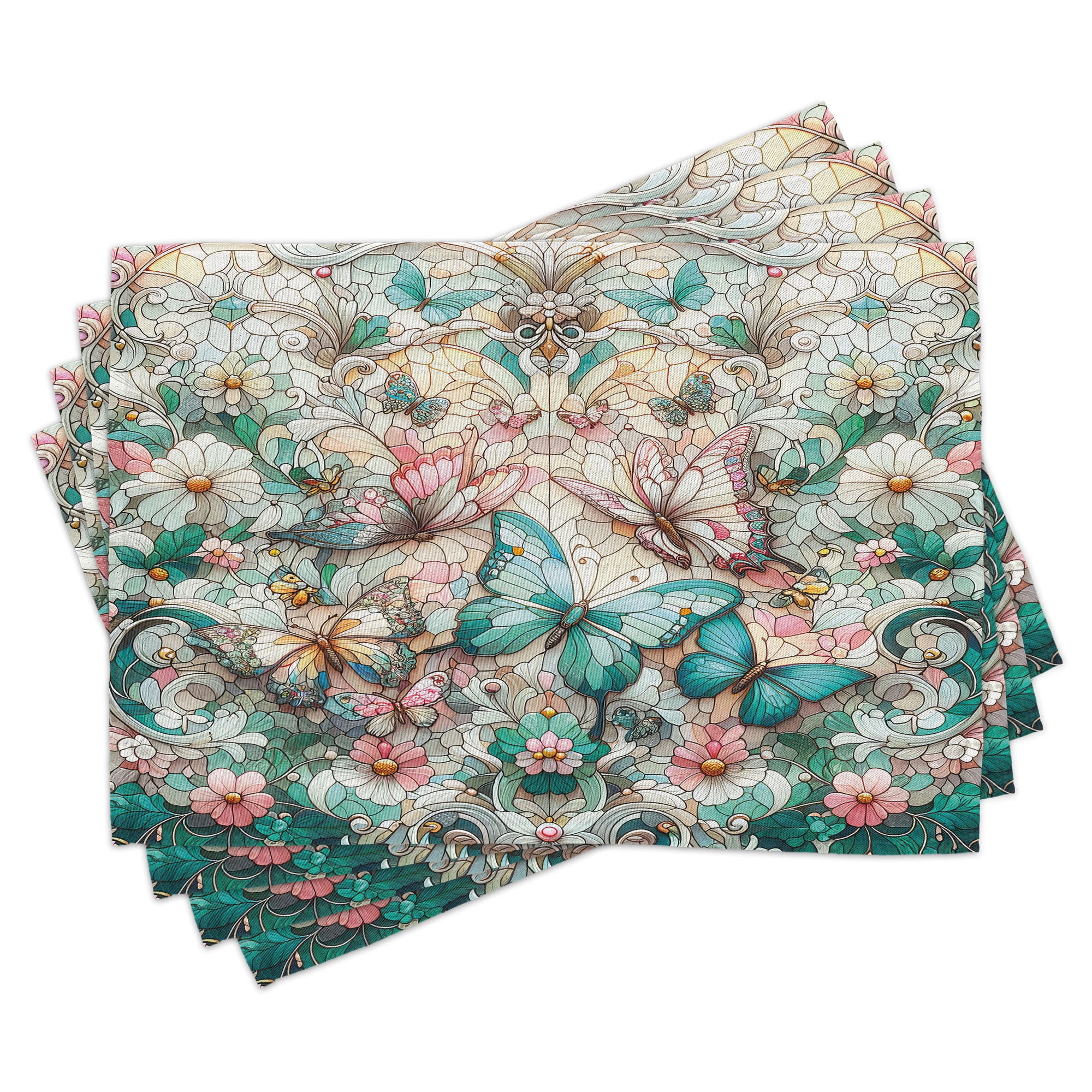Aqua Blush Off White Spring Butterfly Polyester Placemats Set of 4