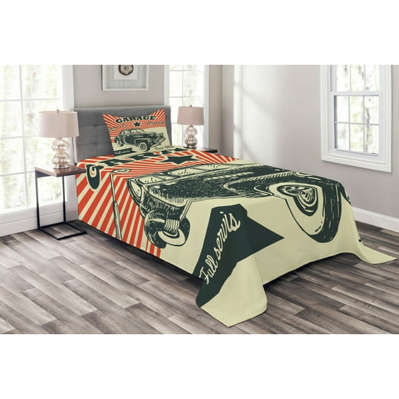 Ambesonne Vintage Quilted Bedspread Set 2 Pcs, 60's Retro Car Pop Art, Twin Size, Emerald Orange