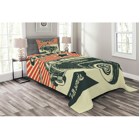 Ambesonne Vintage Quilted Bedspread Set 2 Pcs, 60's Retro Car Pop Art, Twin Size, Emerald Orange