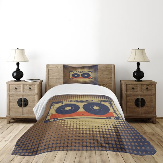 Ambesonne Vintage Quilted Bedspread Set 2 Pcs, Audiocasette Music Fun, Twin Size, Night Blue Tan Orange