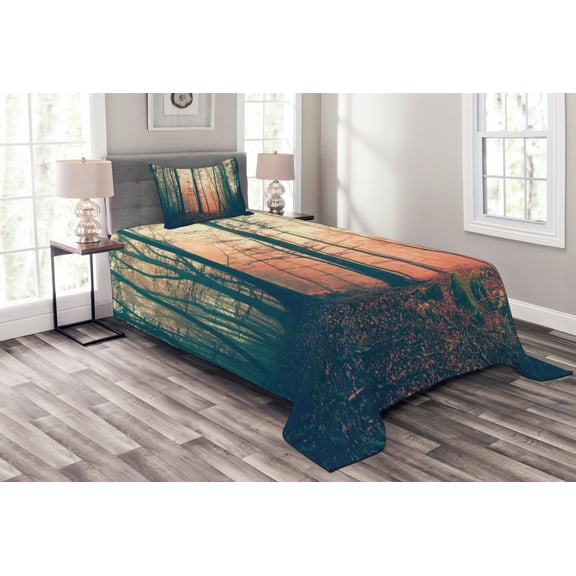 Ambesonne Vintage Quilted Bedspread Set 2 Pcs, Autumn Forest Woodland, Twin Size, Coral Dark Green