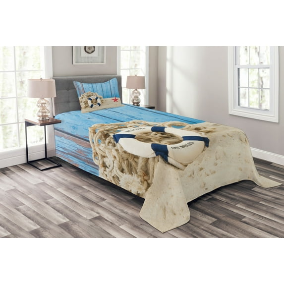 Ambesonne Vintage Quilted Bedspread Set 2 Pcs, Beach Coastline Welcome, Twin Size, Eggshell Blue Red