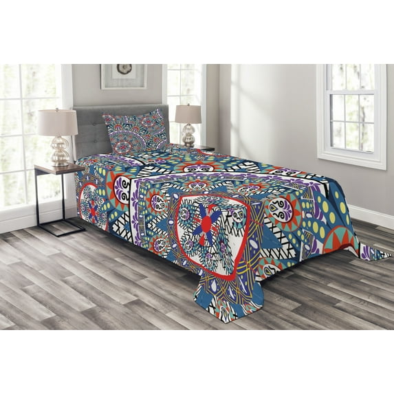 Ambesonne Vintage Quilted Bedspread Set 2 Pcs, Circular Floral, Twin Size, Multicolor