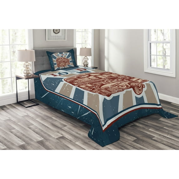 Ambesonne Vintage Quilted Bedspread Set 2 Pcs, English Bus Grunge Art, Twin Size, Blue Red Beige
