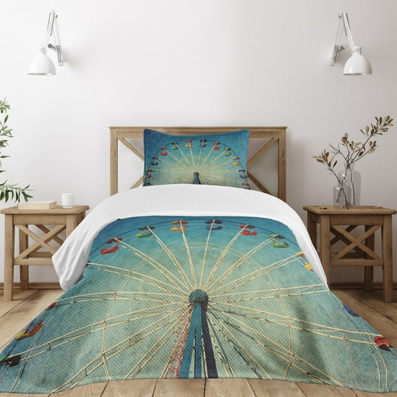 Ambesonne Vintage Quilted Bedspread Set 2 Pcs, Ferris Wheel Fun Retro, Twin Size, Blue