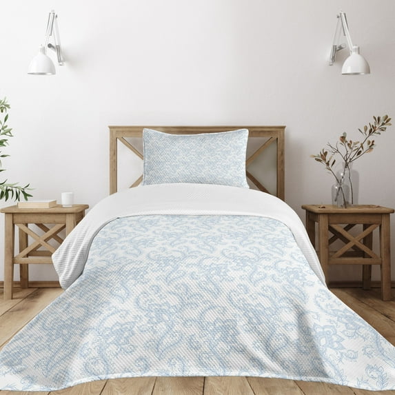 Ambesonne Vintage Quilted Bedspread Set 2 Pcs, Floral Pattern Leaf Stalk, Twin Size, Pale Blue White