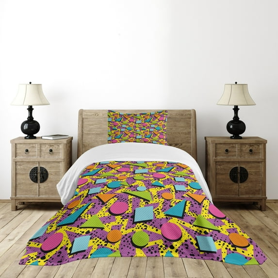 Ambesonne Vintage Quilted Bedspread Set 2 Pcs, Funky Geometric Style, Twin Size, Multicolor