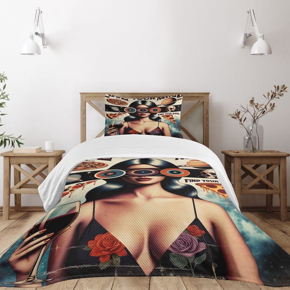 Ambesonne Vintage Quilted Bedspread Set 2 Pcs, Galaxy Woman Skull Pizza, Twin Size, Tan Eggshell Multicolor