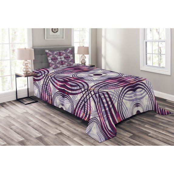 Ambesonne Vintage Quilted Bedspread Set 2 Pcs, Geometric Stripe Circle, Twin Size, Lavender Plum