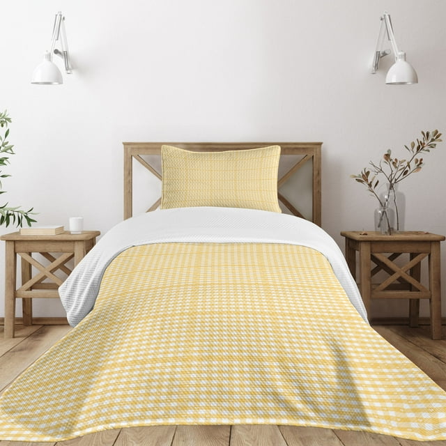 Ambesonne Vintage Quilted Bedspread Set 2 Pcs, Gingham Pattern Heart Shape, Twin Size, Mustard and White
