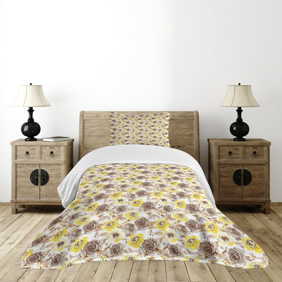 Ambesonne Vintage Quilted Bedspread Set 2 Pcs, Grungy Roses Romantic, Twin Size, Yellow Beige Brown
