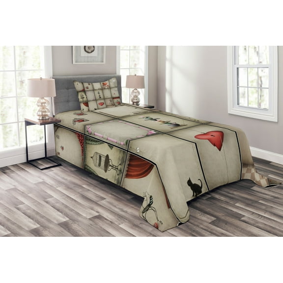 Ambesonne Vintage Quilted Bedspread Set 2 Pcs, Hearts in Captivity, Twin Size, Tan Vermilion Pink