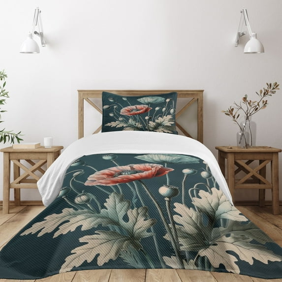 Ambesonne Vintage Quilted Bedspread Set 2 Pcs, Jungle Greenery Poppy Print, Twin Size, Dark Teal Soft Blue