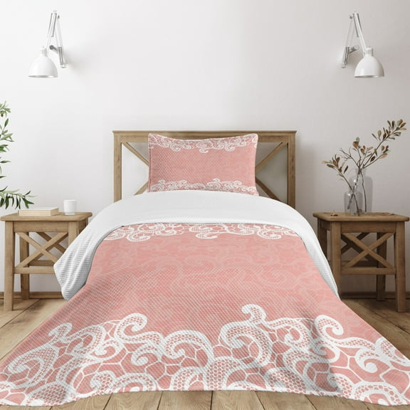 Ambesonne Vintage Quilted Bedspread Set 2 Pcs, Laces Design Ornamental, Twin Size, White Coral