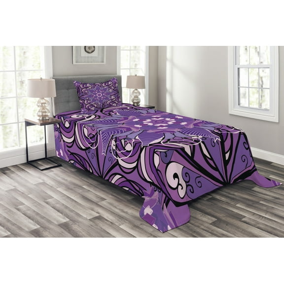 Ambesonne Vintage Quilted Bedspread Set 2 Pcs, Mandala Motif Illustration, Twin Size, Lavender Violet White