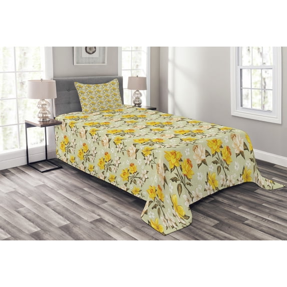 Ambesonne Vintage Quilted Bedspread Set 2 Pcs, Narcissus Wildflowers, Twin Size, Yellow Cream Pale Green