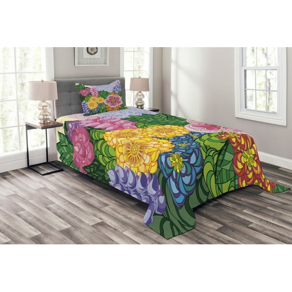 Ambesonne Vintage Quilted Bedspread Set 2 Pcs, Nature Flowers Buds, Twin Size, Lilac Green