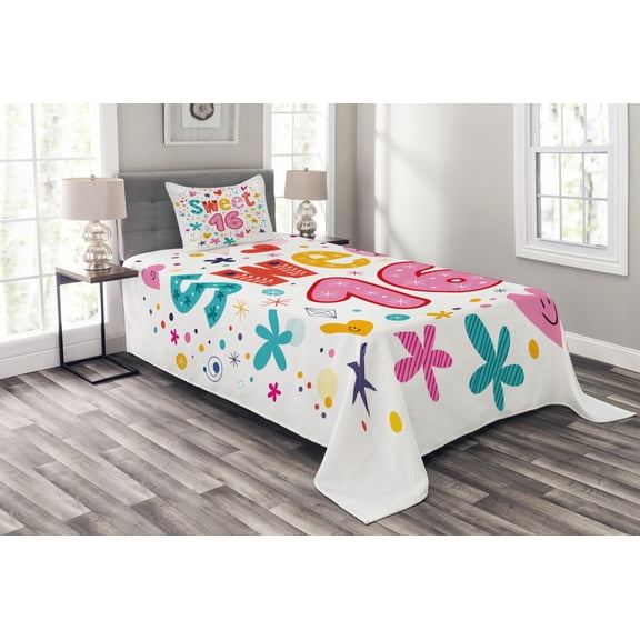 Ambesonne Vintage Quilted Bedspread Set 2 Pcs, New Age Hearts Blooms, Twin Size, Multicolor