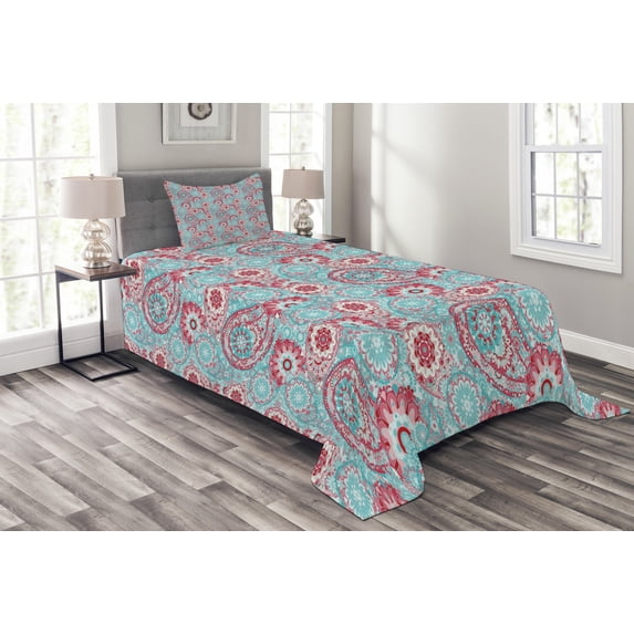 Ambesonne Vintage Quilted Bedspread Set 2 Pcs, Oriental Spring Flowers, Twin Size, Pink Pale Blue