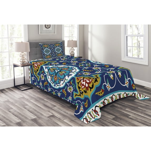 Ambesonne Vintage Quilted Bedspread Set 2 Pcs, Oriental Tile Effects, Twin Size, Mustard Royal Blue