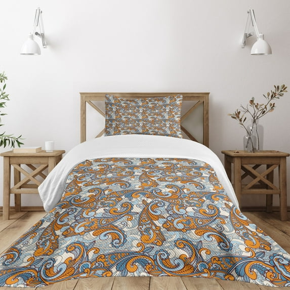 Ambesonne Vintage Quilted Bedspread Set 2 Pcs, Paisley Inspired, Twin Size, Orange Pale Blue Cream