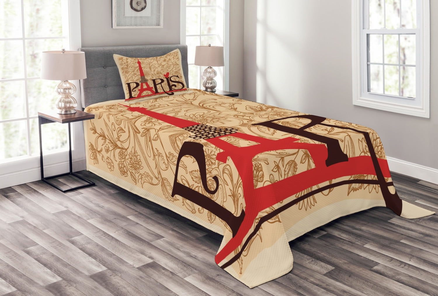 Paris Eiffel Tower Twin Quilted Bedspread Set in Beige and Red