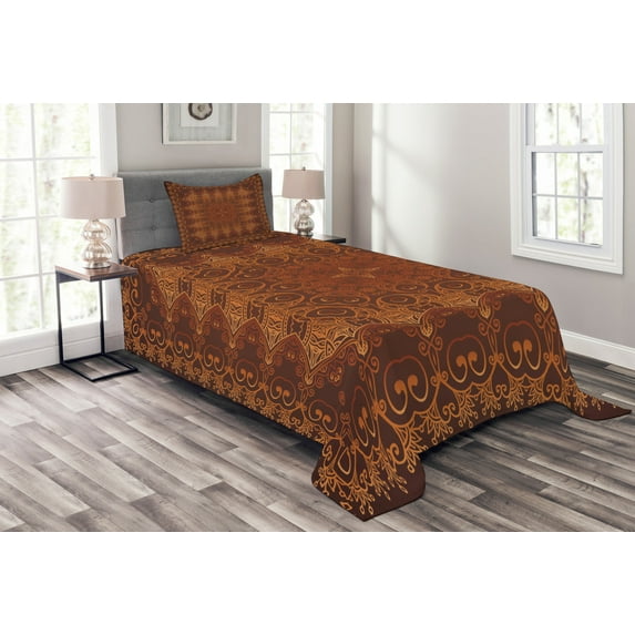 Ambesonne Vintage Quilted Bedspread Set 2 Pcs, Persian Lace, Twin Size, Orange Brown