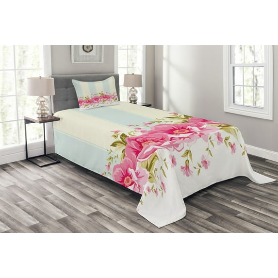 Ambesonne Vintage Quilted Bedspread Set 2 Pcs, Pink Peony Border Tile, Twin Size, Pale Pink Pale Blue