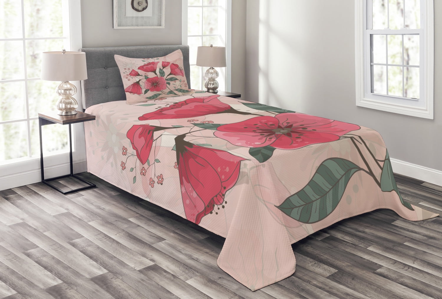 Pink Quilted Twin Bedspread Set with Pillow Sham
