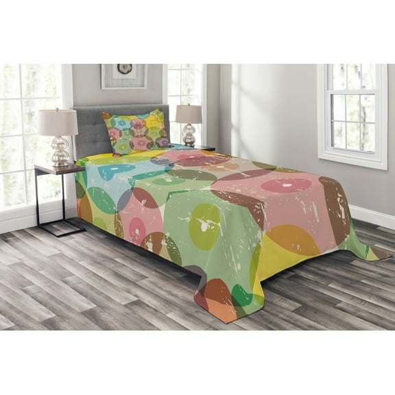 Ambesonne Vintage Quilted Bedspread Set 2 Pcs, Rainbow Color Geometric, Twin Size, Multicolor